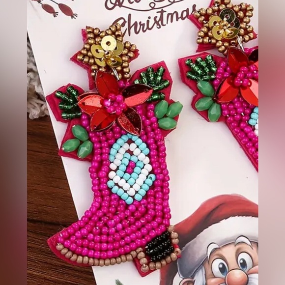 Christmas Pink Cowboy Boot Statement Beaded Earrings Poinsettia - Picture 2 of 2